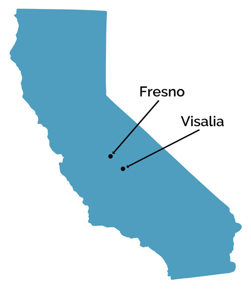 California Map showing Fresno, California and Visalia, California